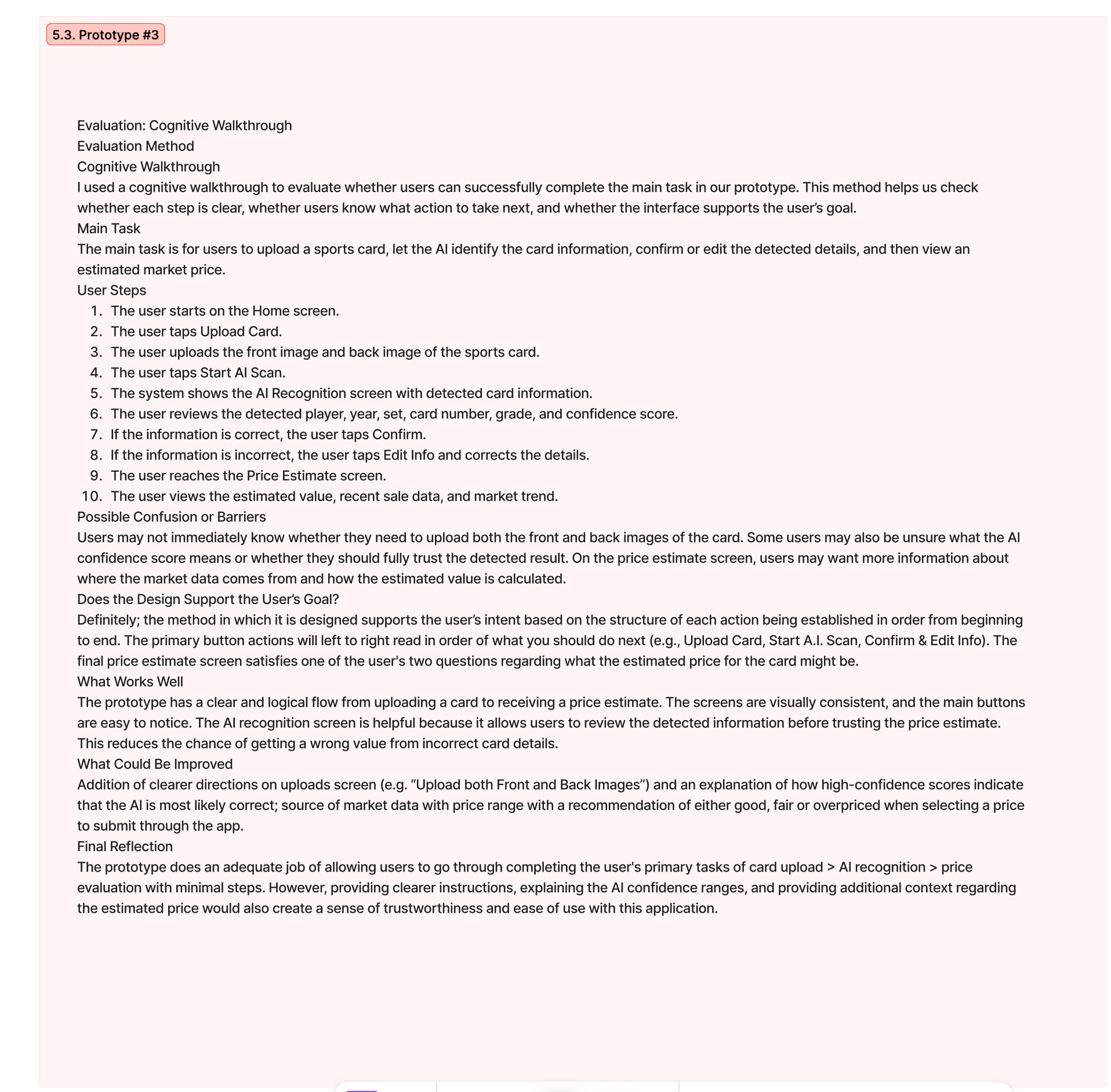 Cognitive walkthrough notes for CardLogic prototype