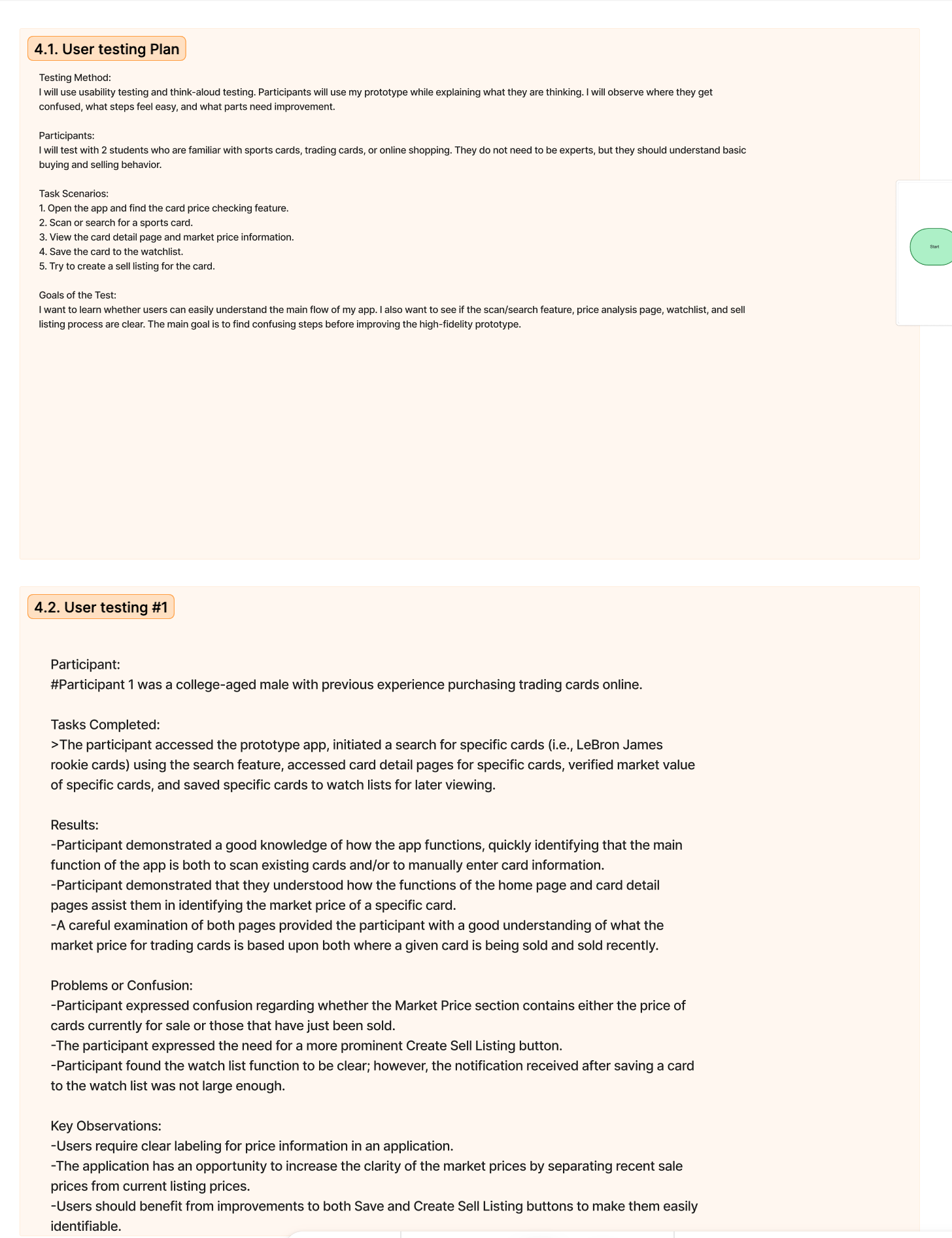 User testing plan and participant one notes