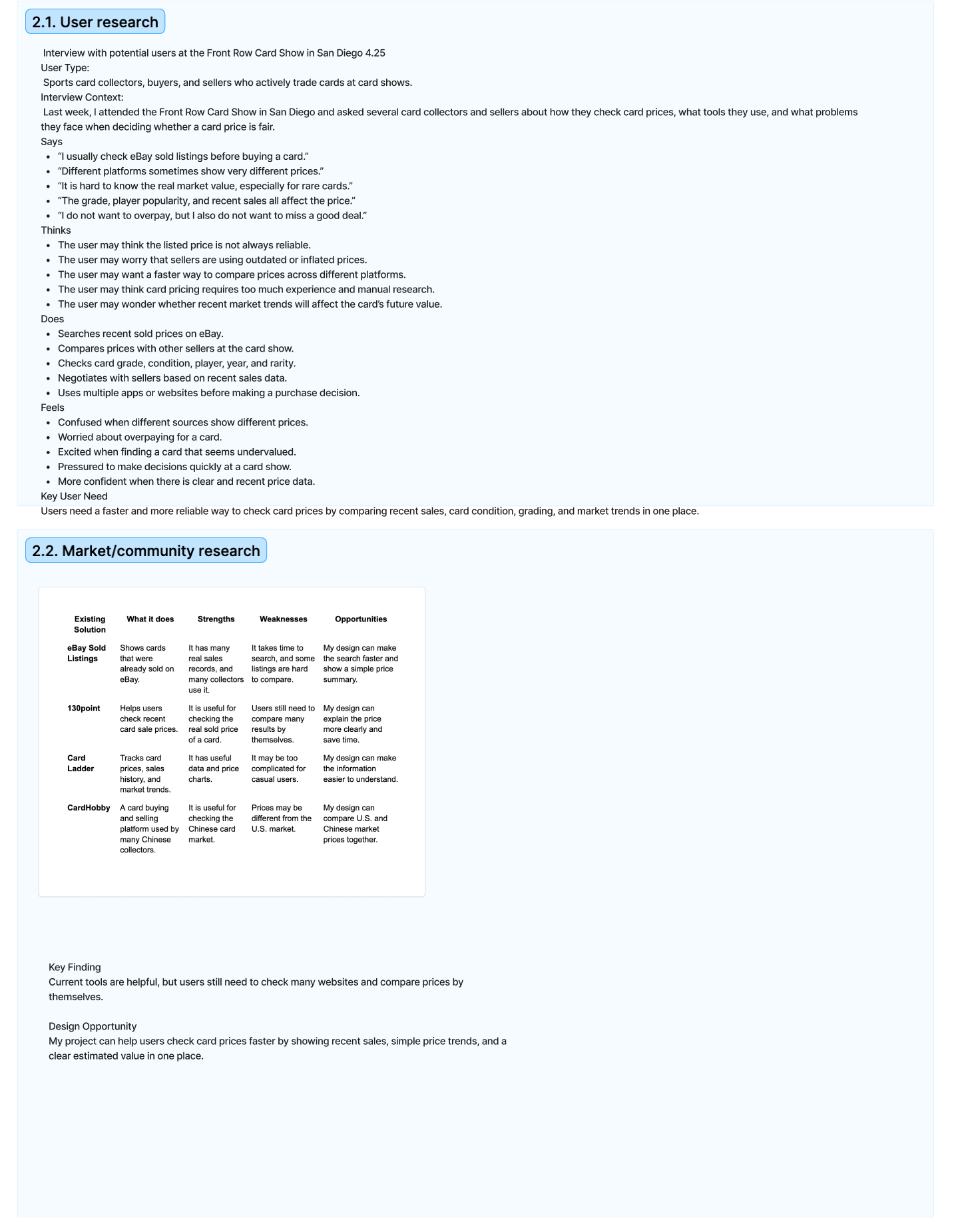 User research and market research notes for CardLogic